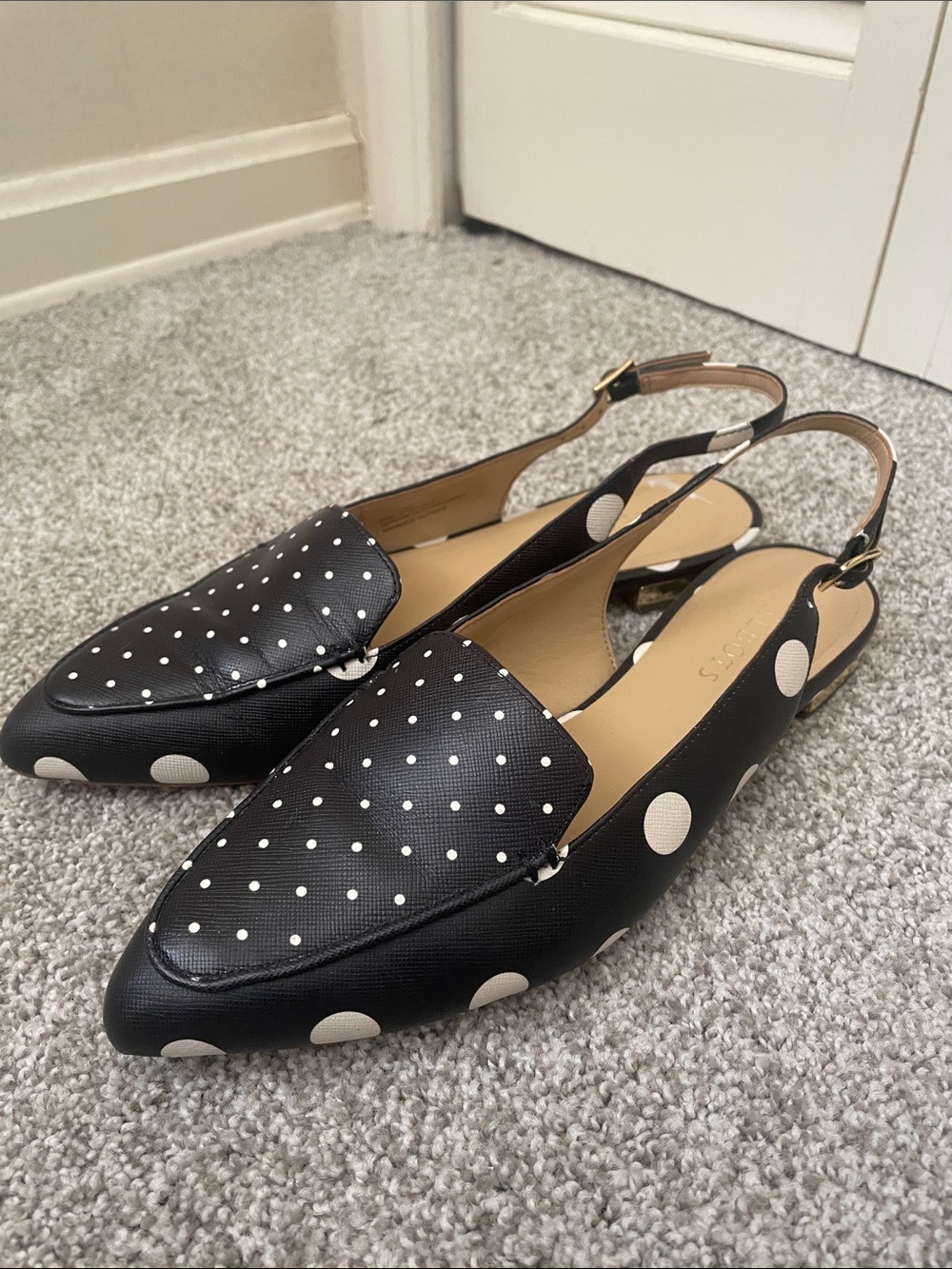 Talbots Poppy leather sling backs Sz 8 black w/ white polka dots gold heel